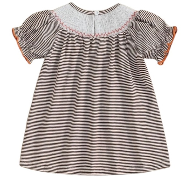 🦃$12 SALE Striped Dress Embroidered Turkeys Puffed Short Sleeves NEW - Picture 2 of 4